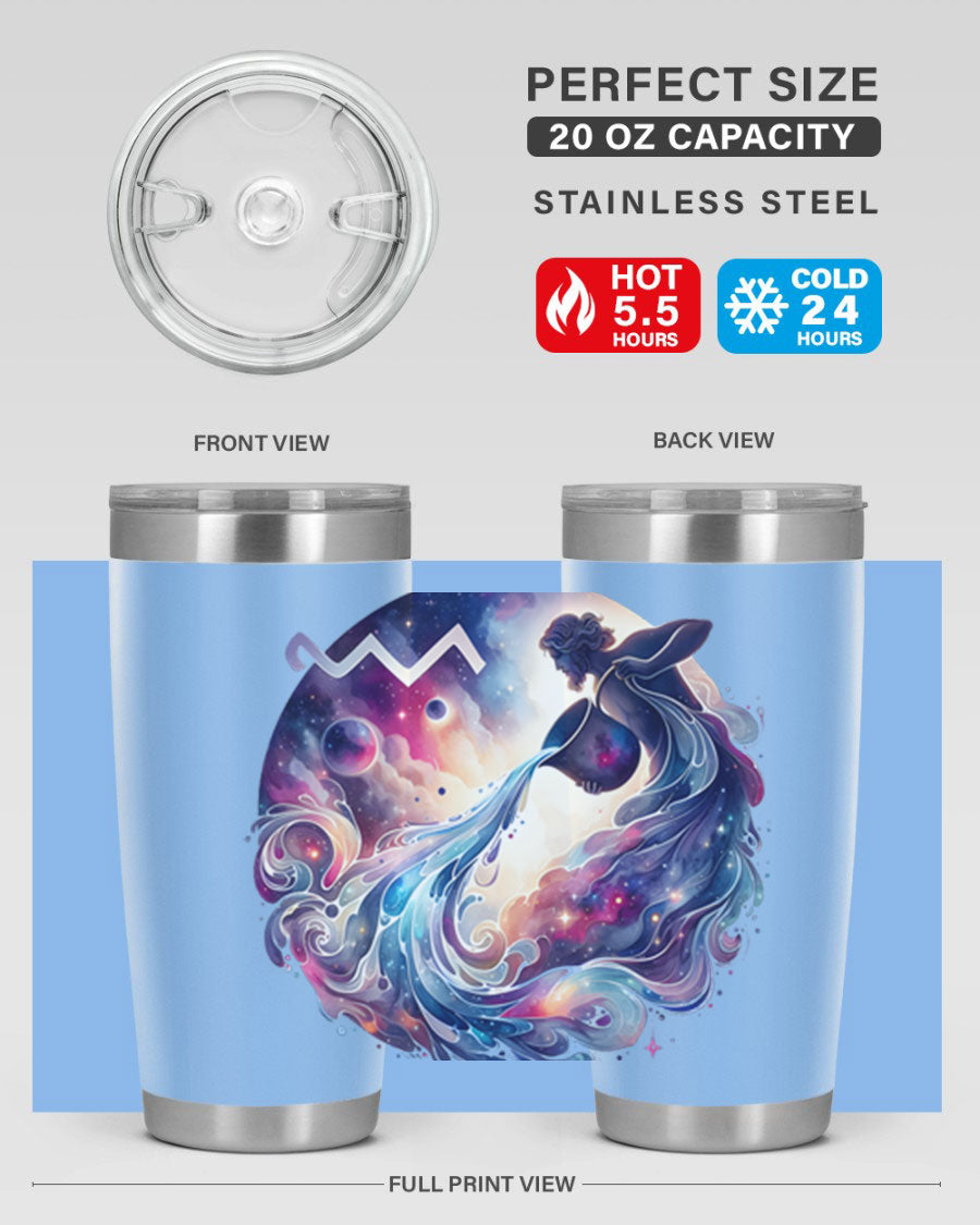 Aquarius 89# Zodiac Tumbler in stainless steel with a sleek design, perfect for hot and cold beverages.