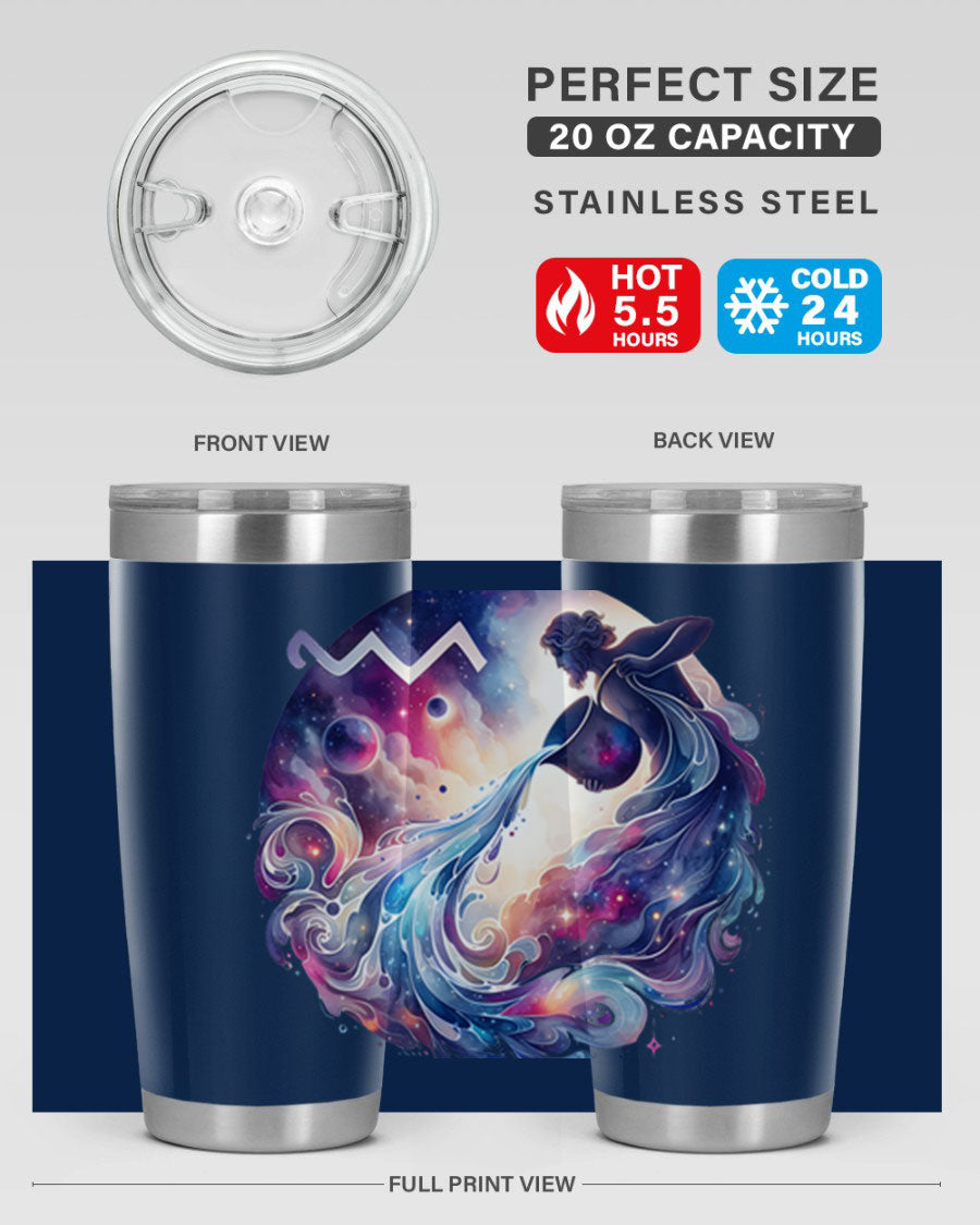 Aquarius 89# Zodiac Tumbler in stainless steel with a sleek design, perfect for hot and cold beverages.