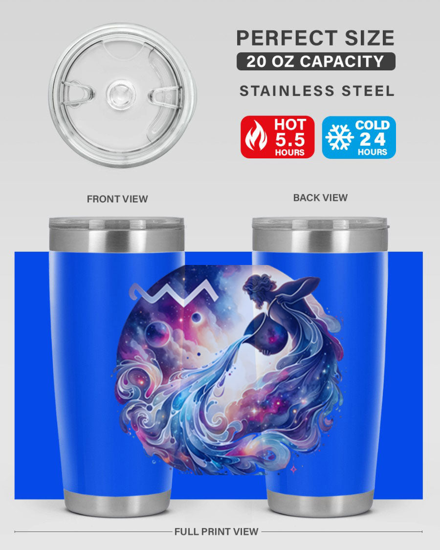 Aquarius 89# Zodiac Tumbler in stainless steel with a sleek design, perfect for hot and cold beverages.
