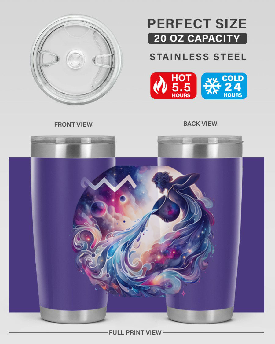 Aquarius 89# Zodiac Tumbler in stainless steel with a sleek design, perfect for hot and cold beverages.