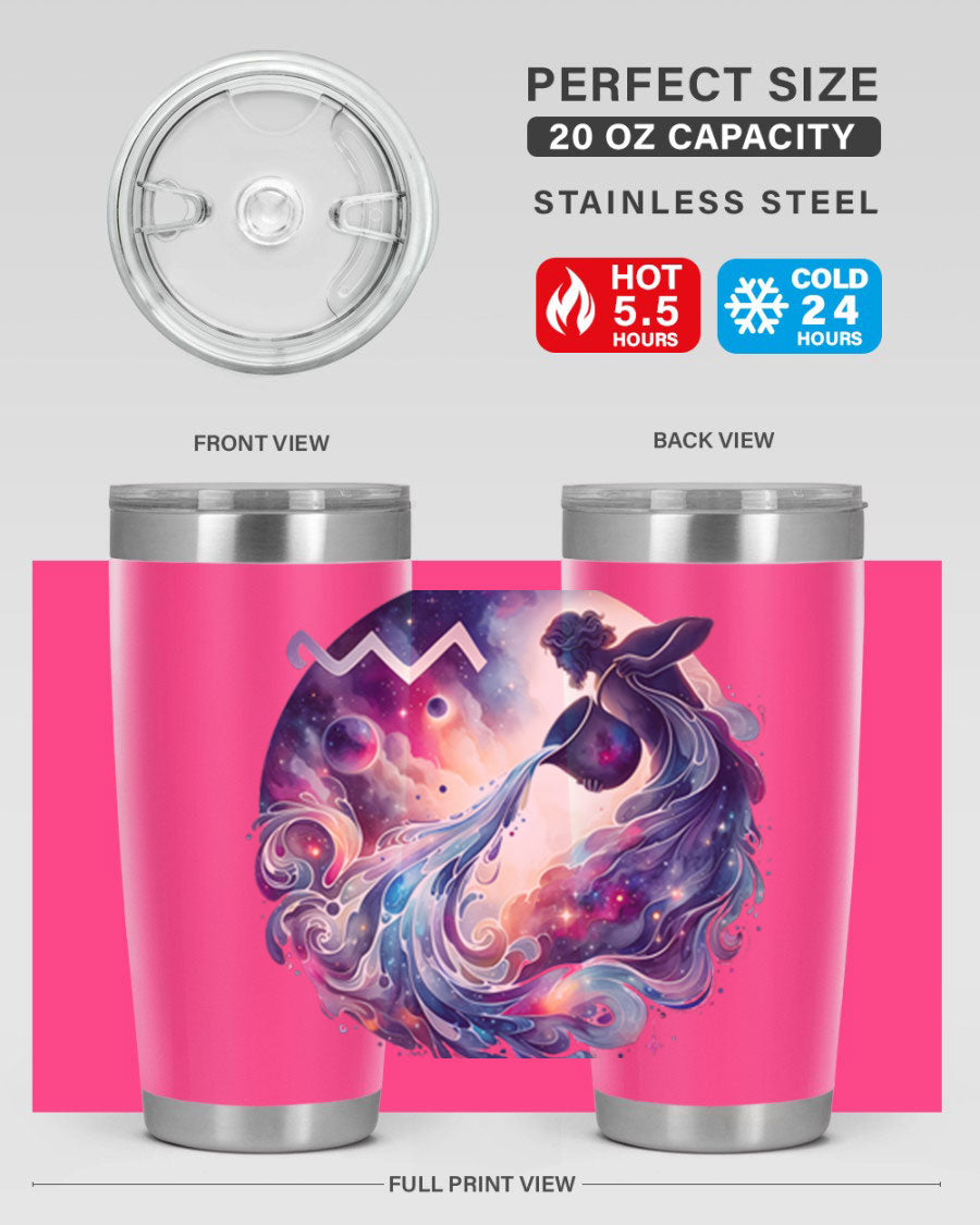 Aquarius 89# Zodiac Tumbler in stainless steel with a sleek design, perfect for hot and cold beverages.