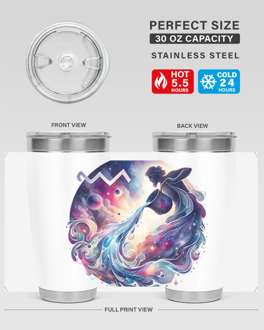 Aquarius 89# Zodiac Tumbler in stainless steel with a sleek design, perfect for hot and cold beverages.