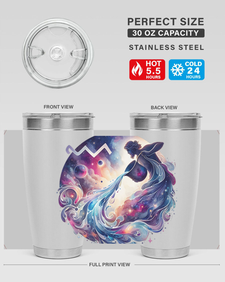 Aquarius 89# Zodiac Tumbler in stainless steel with a sleek design, perfect for hot and cold beverages.