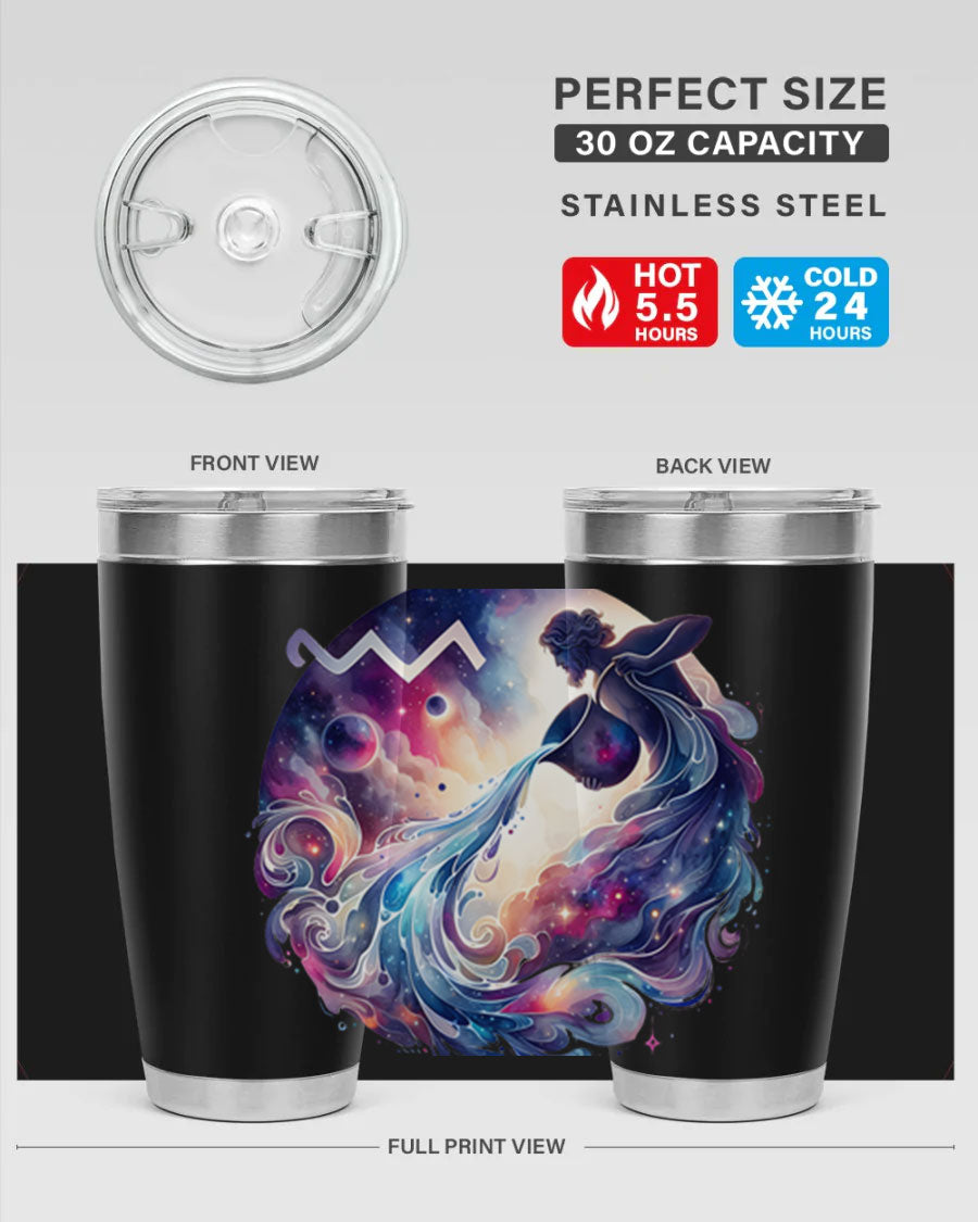 Aquarius 89# Zodiac Tumbler in stainless steel with a sleek design, perfect for hot and cold beverages.
