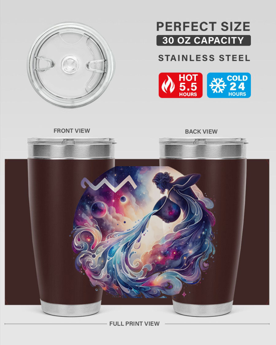 Aquarius 89# Zodiac Tumbler in stainless steel with a sleek design, perfect for hot and cold beverages.