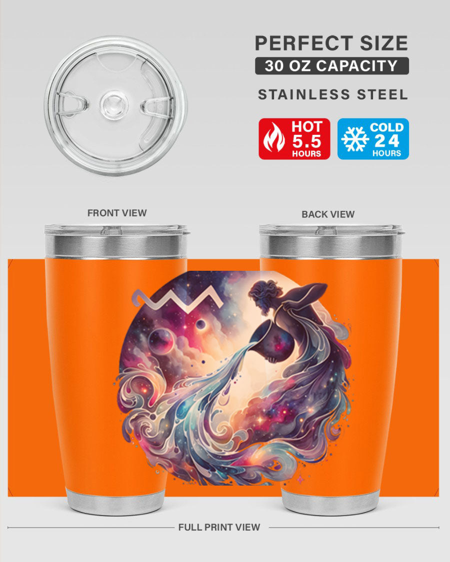 Aquarius 89# Zodiac Tumbler in stainless steel with a sleek design, perfect for hot and cold beverages.