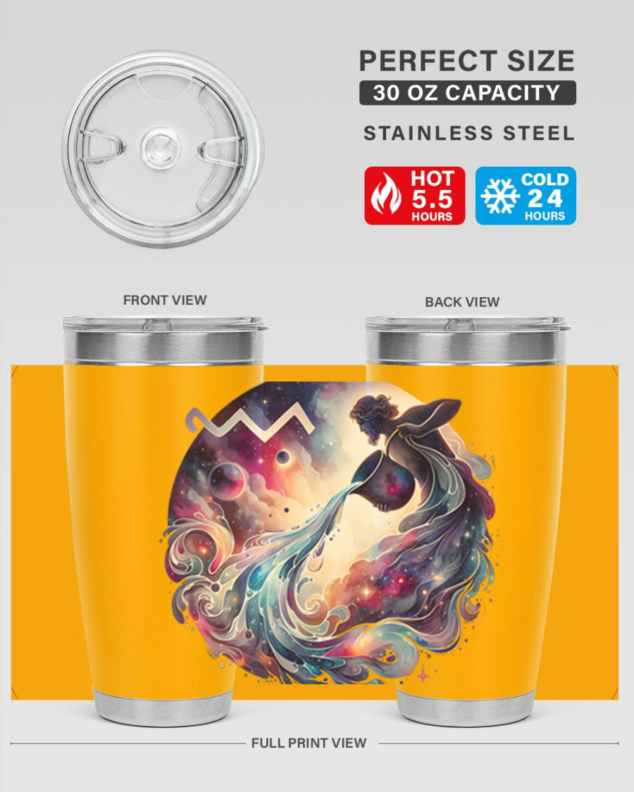 Aquarius 89# Zodiac Tumbler in stainless steel with a sleek design, perfect for hot and cold beverages.