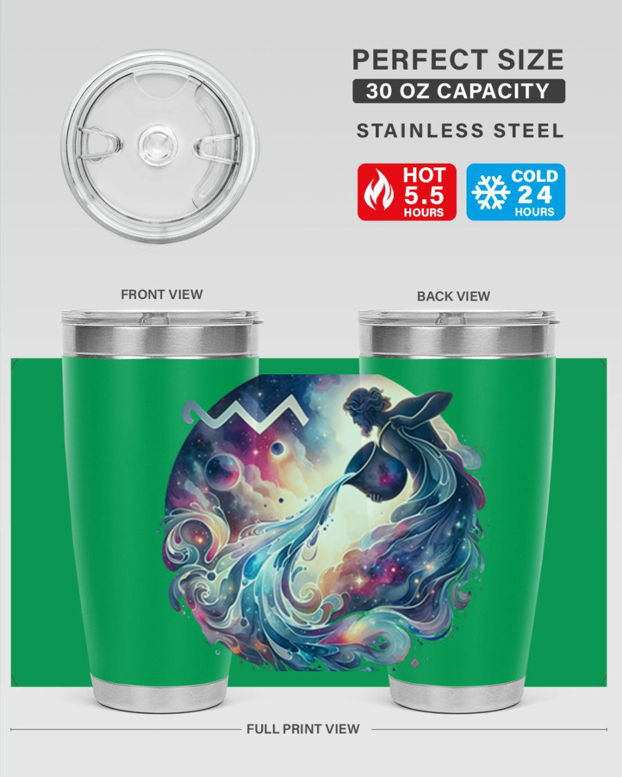Aquarius 89# Zodiac Tumbler in stainless steel with a sleek design, perfect for hot and cold beverages.
