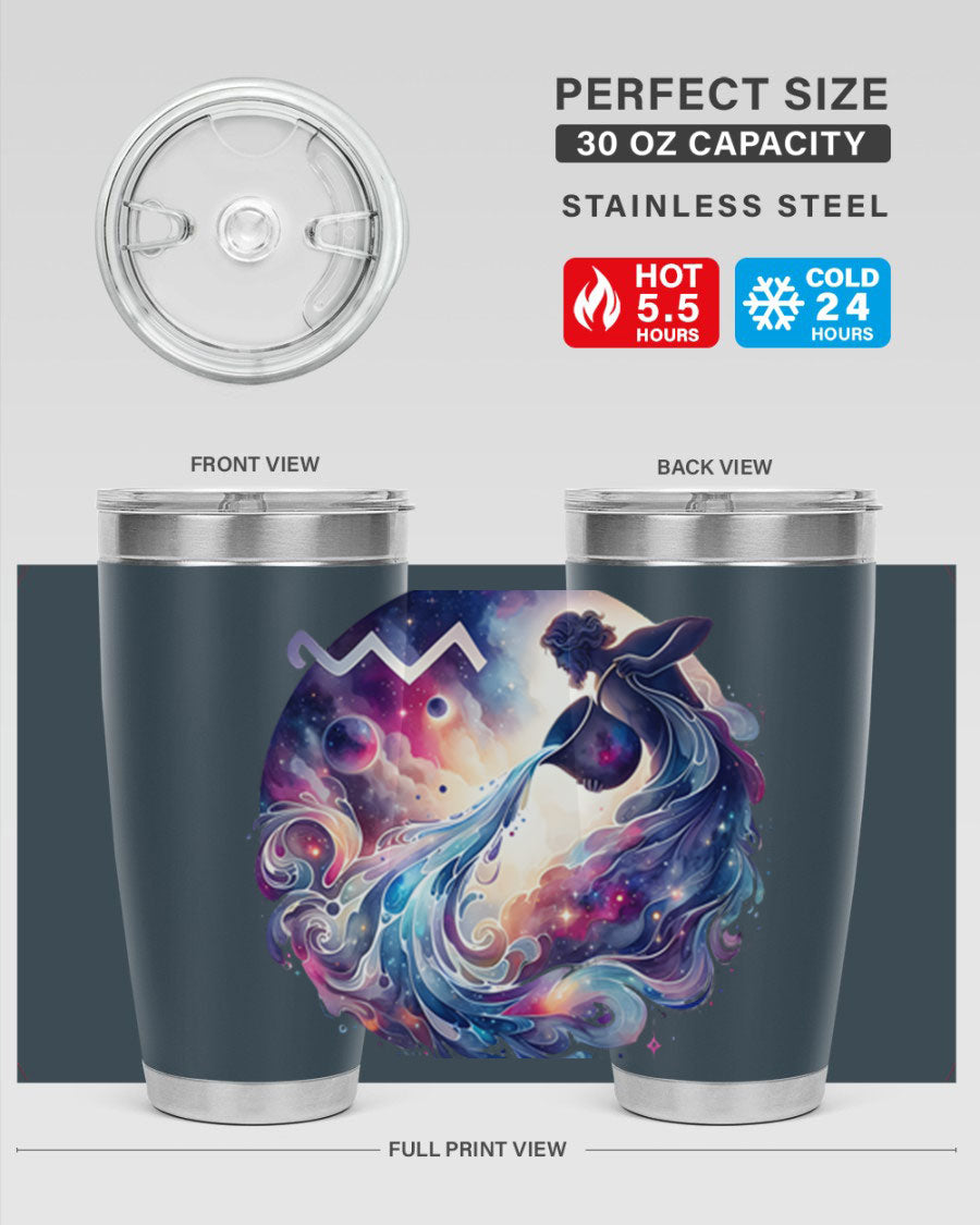 Aquarius 89# Zodiac Tumbler in stainless steel with a sleek design, perfect for hot and cold beverages.