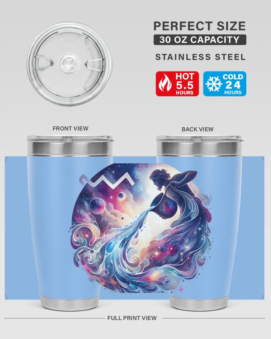 Aquarius 89# Zodiac Tumbler in stainless steel with a sleek design, perfect for hot and cold beverages.