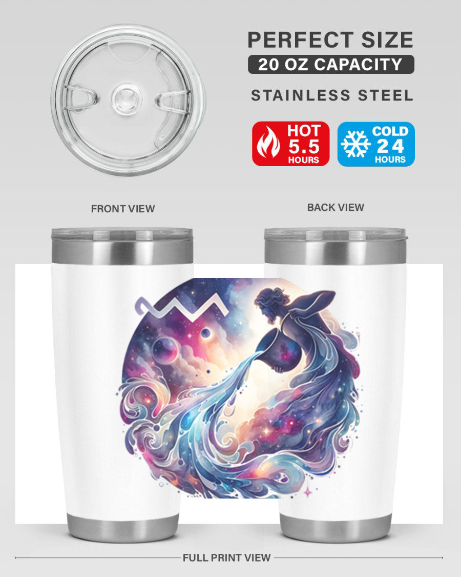 Aquarius 89# Zodiac Tumbler in stainless steel with a sleek design, perfect for hot and cold beverages.