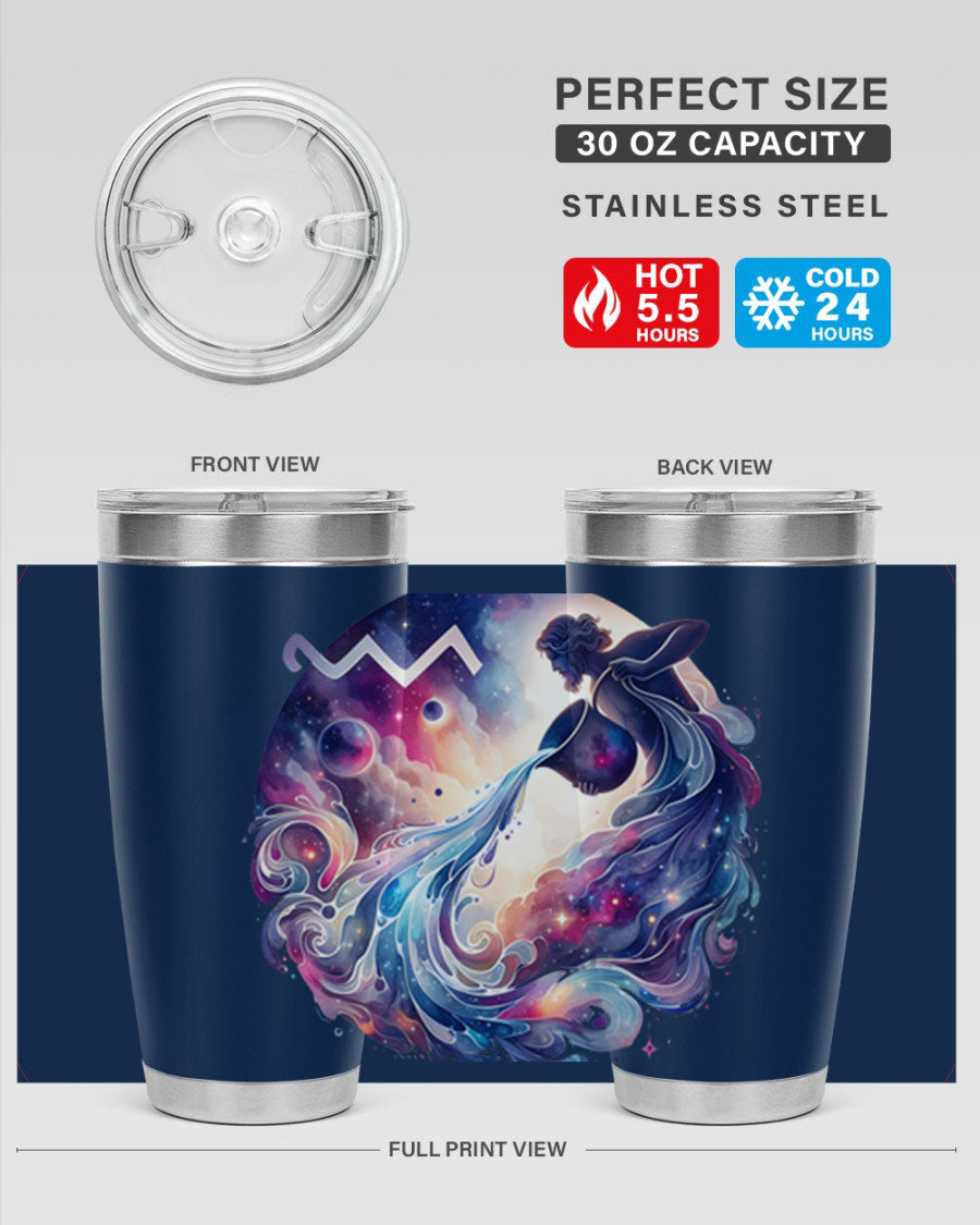 Aquarius 89# Zodiac Tumbler in stainless steel with a sleek design, perfect for hot and cold beverages.