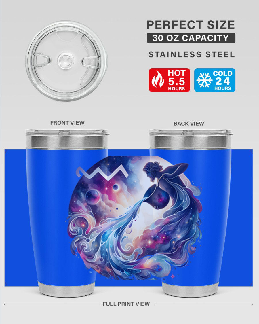 Aquarius 89# Zodiac Tumbler in stainless steel with a sleek design, perfect for hot and cold beverages.