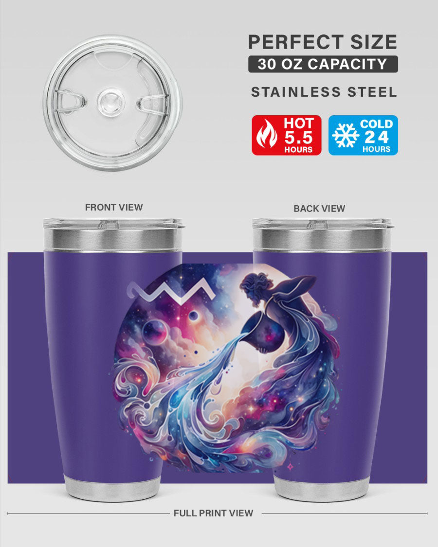 Aquarius 89# Zodiac Tumbler in stainless steel with a sleek design, perfect for hot and cold beverages.