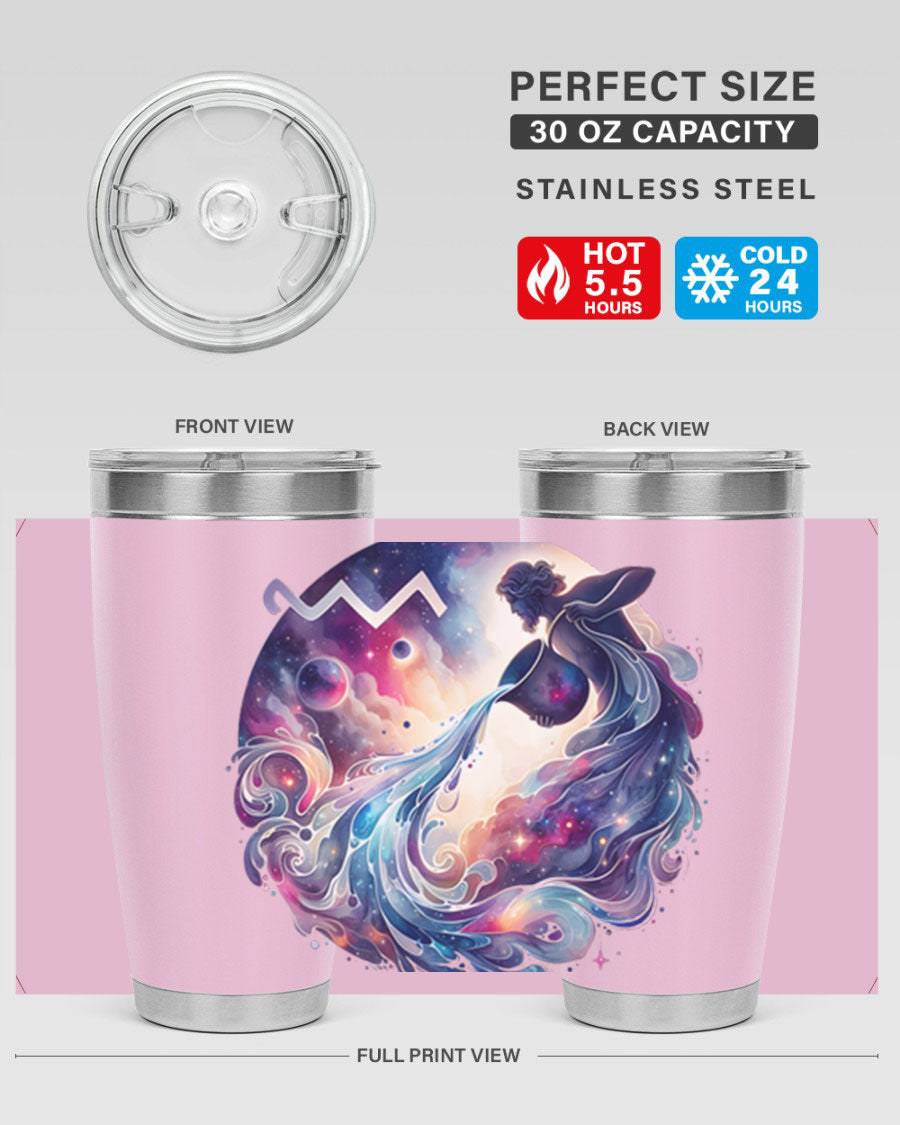 Aquarius 89# Zodiac Tumbler in stainless steel with a sleek design, perfect for hot and cold beverages.
