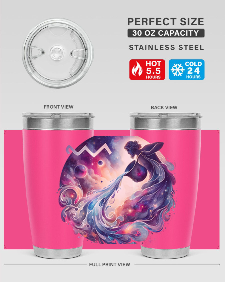 Aquarius 89# Zodiac Tumbler in stainless steel with a sleek design, perfect for hot and cold beverages.
