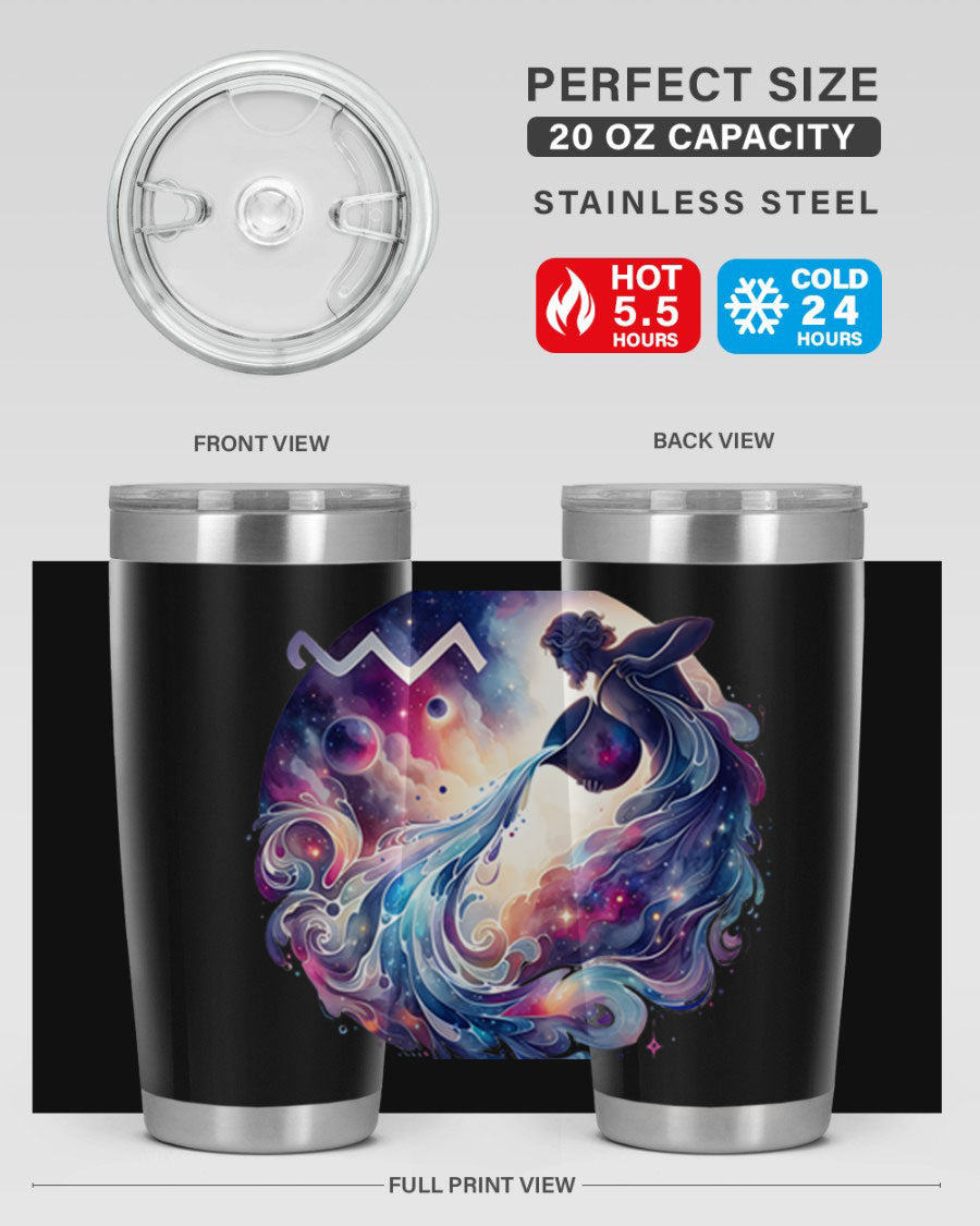 Aquarius 89# Zodiac Tumbler in stainless steel with a sleek design, perfect for hot and cold beverages.