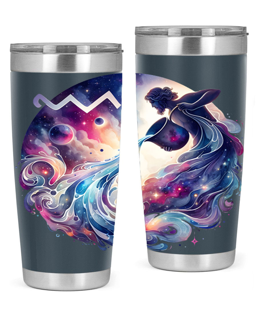 Aquarius 89# Zodiac Tumbler in stainless steel with a sleek design, perfect for hot and cold beverages.