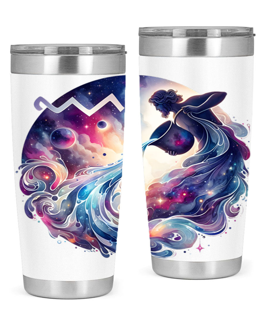Aquarius 89# Zodiac Tumbler in stainless steel with a sleek design, perfect for hot and cold beverages.