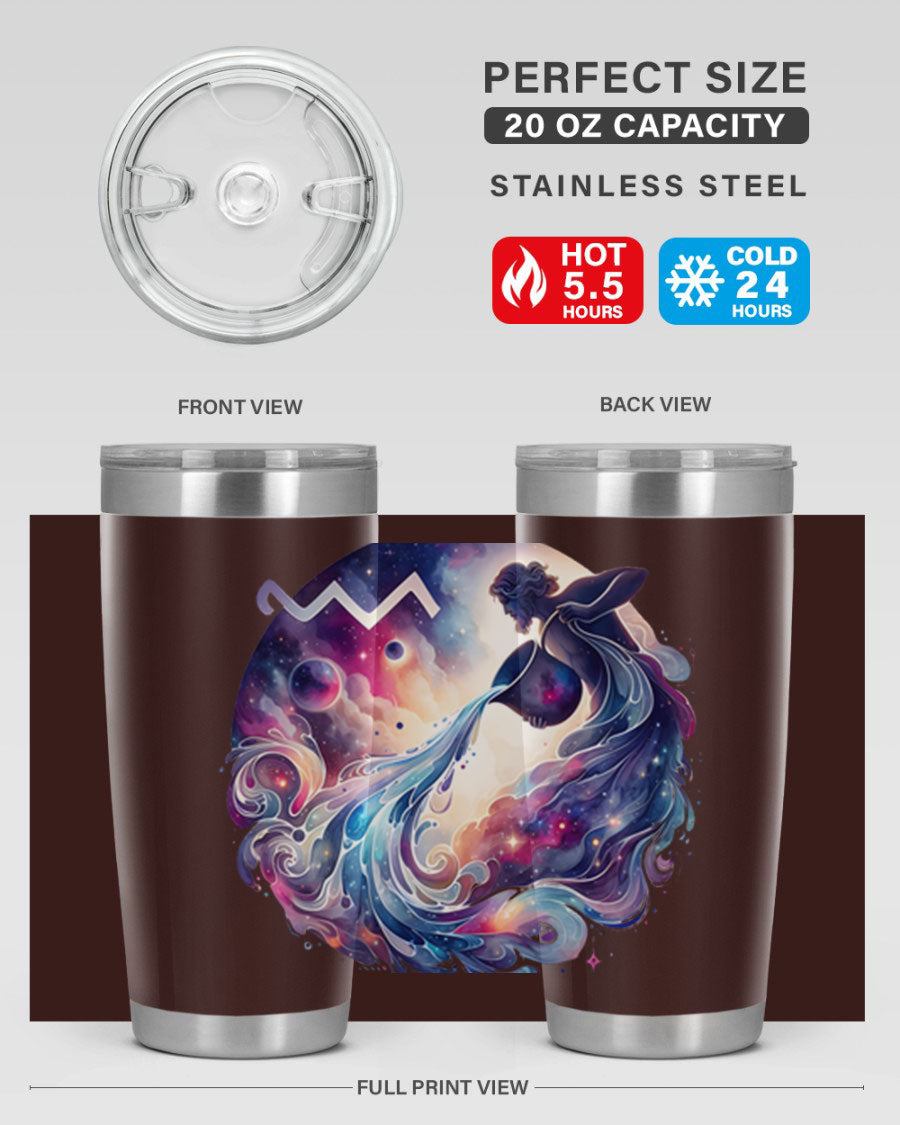 Aquarius 89# Zodiac Tumbler in stainless steel with a sleek design, perfect for hot and cold beverages.