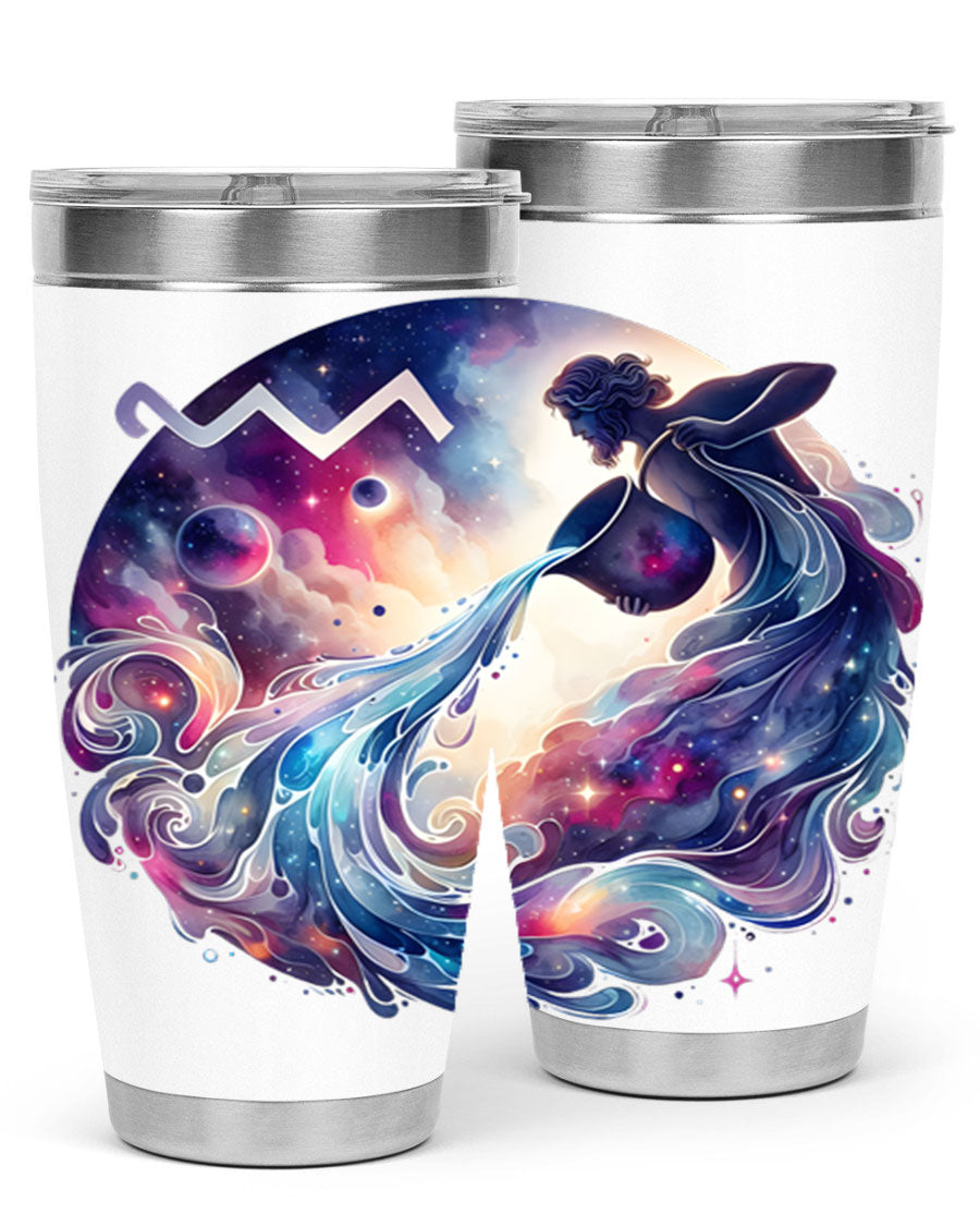 Aquarius 89# Zodiac Tumbler in stainless steel with a sleek design, perfect for hot and cold beverages.