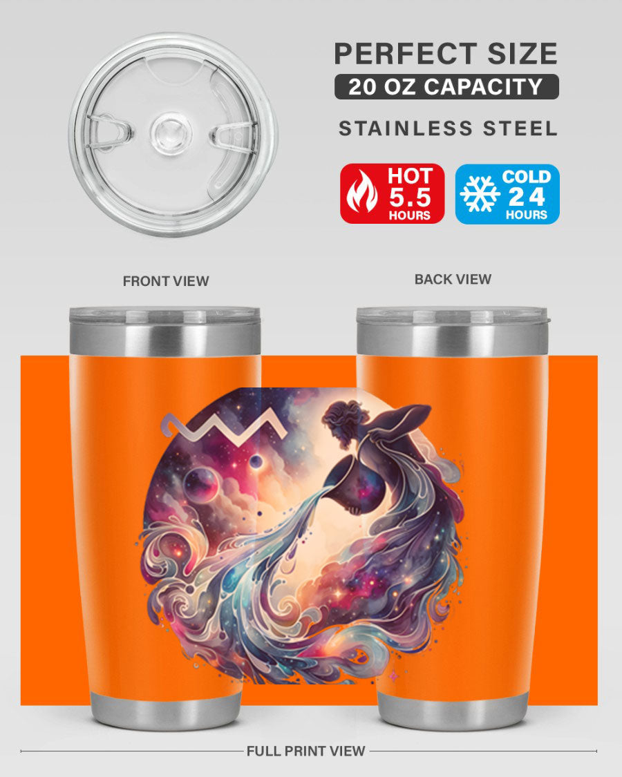 Aquarius 89# Zodiac Tumbler in stainless steel with a sleek design, perfect for hot and cold beverages.