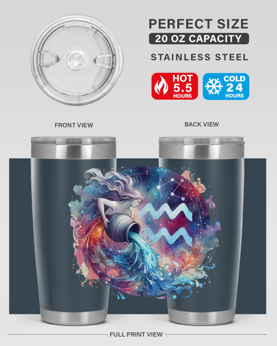 Aquarius 90# Zodiac Tumbler in stainless steel with a sleek design, showcasing its double wall vacuum insulation and drink-thru lid.
