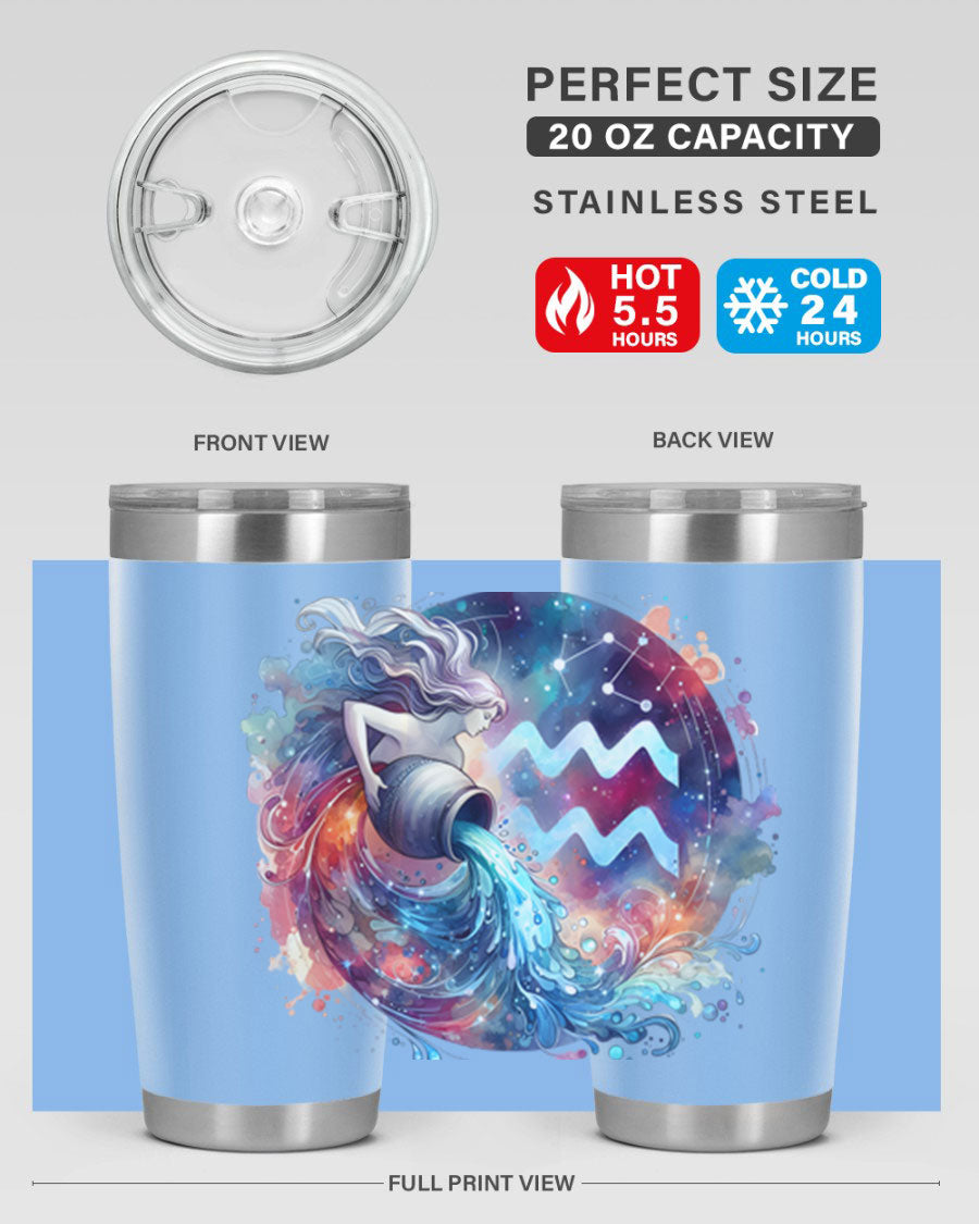 Aquarius 90# Zodiac Tumbler in stainless steel with a sleek design, showcasing its double wall vacuum insulation and drink-thru lid.