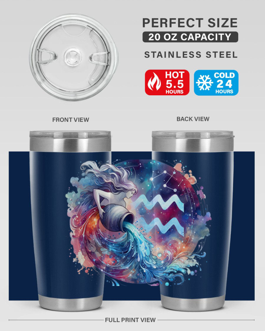 Aquarius 90# Zodiac Tumbler in stainless steel with a sleek design, showcasing its double wall vacuum insulation and drink-thru lid.