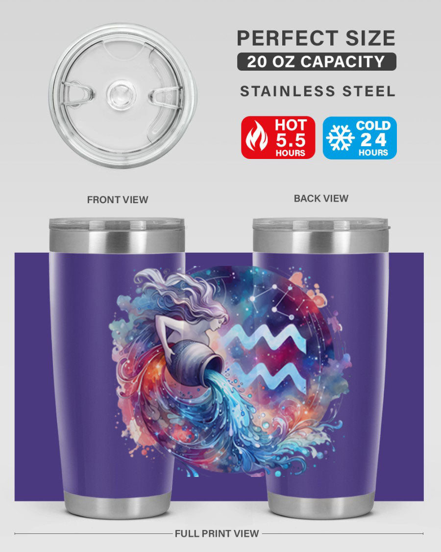 Aquarius 90# Zodiac Tumbler in stainless steel with a sleek design, showcasing its double wall vacuum insulation and drink-thru lid.