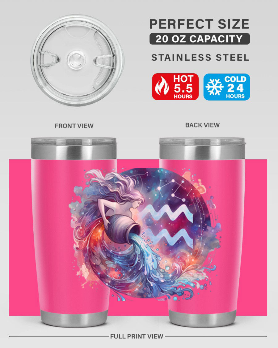 Aquarius 90# Zodiac Tumbler in stainless steel with a sleek design, showcasing its double wall vacuum insulation and drink-thru lid.