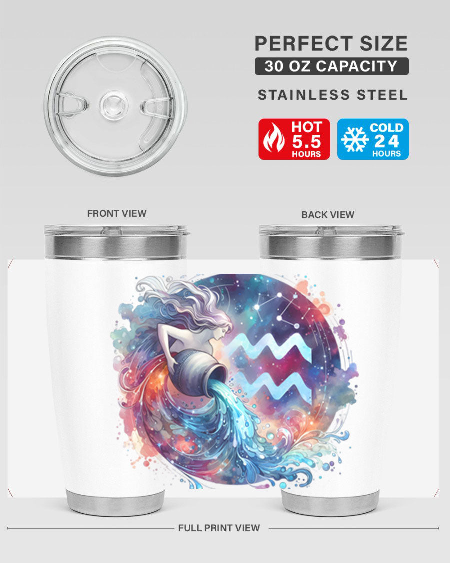 Aquarius 90# Zodiac Tumbler in stainless steel with a sleek design, showcasing its double wall vacuum insulation and drink-thru lid.