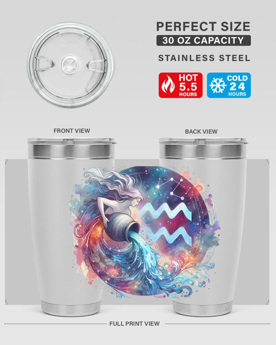 Aquarius 90# Zodiac Tumbler in stainless steel with a sleek design, showcasing its double wall vacuum insulation and drink-thru lid.
