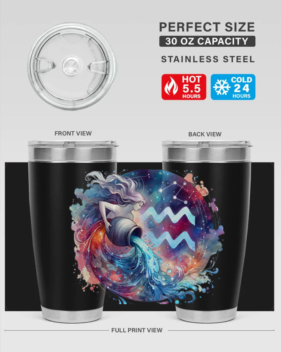 Aquarius 90# Zodiac Tumbler in stainless steel with a sleek design, showcasing its double wall vacuum insulation and drink-thru lid.