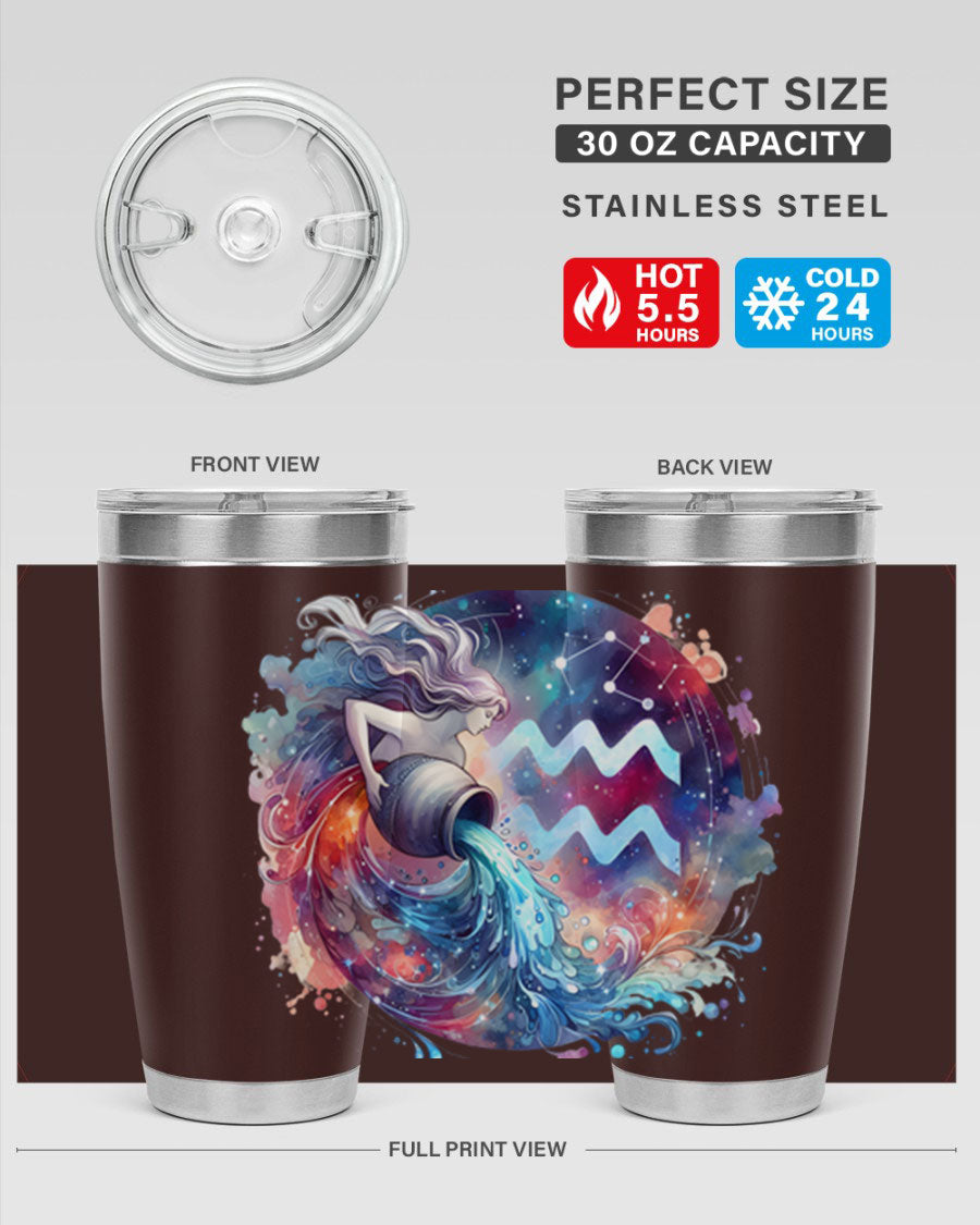 Aquarius 90# Zodiac Tumbler in stainless steel with a sleek design, showcasing its double wall vacuum insulation and drink-thru lid.