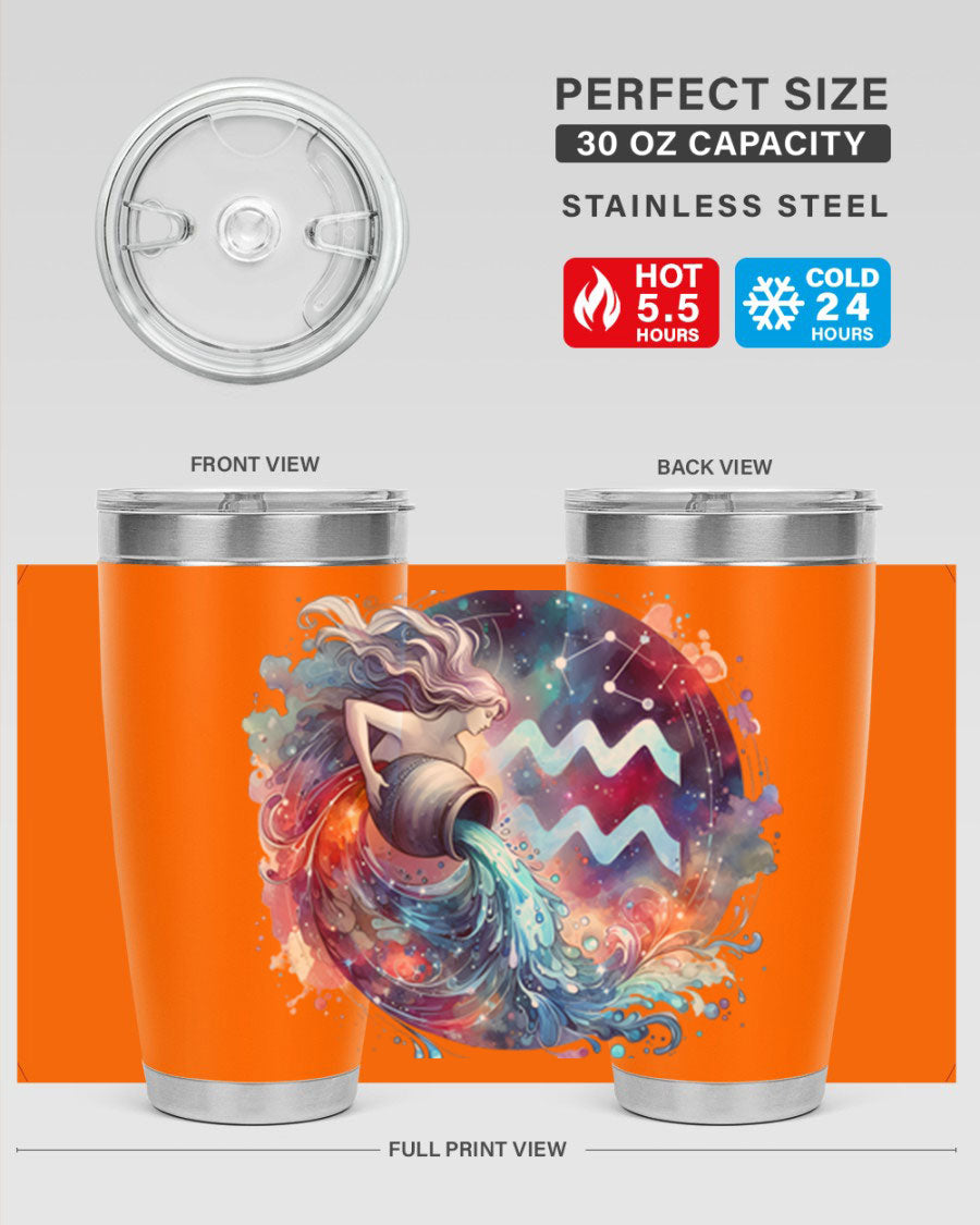 Aquarius 90# Zodiac Tumbler in stainless steel with a sleek design, showcasing its double wall vacuum insulation and drink-thru lid.