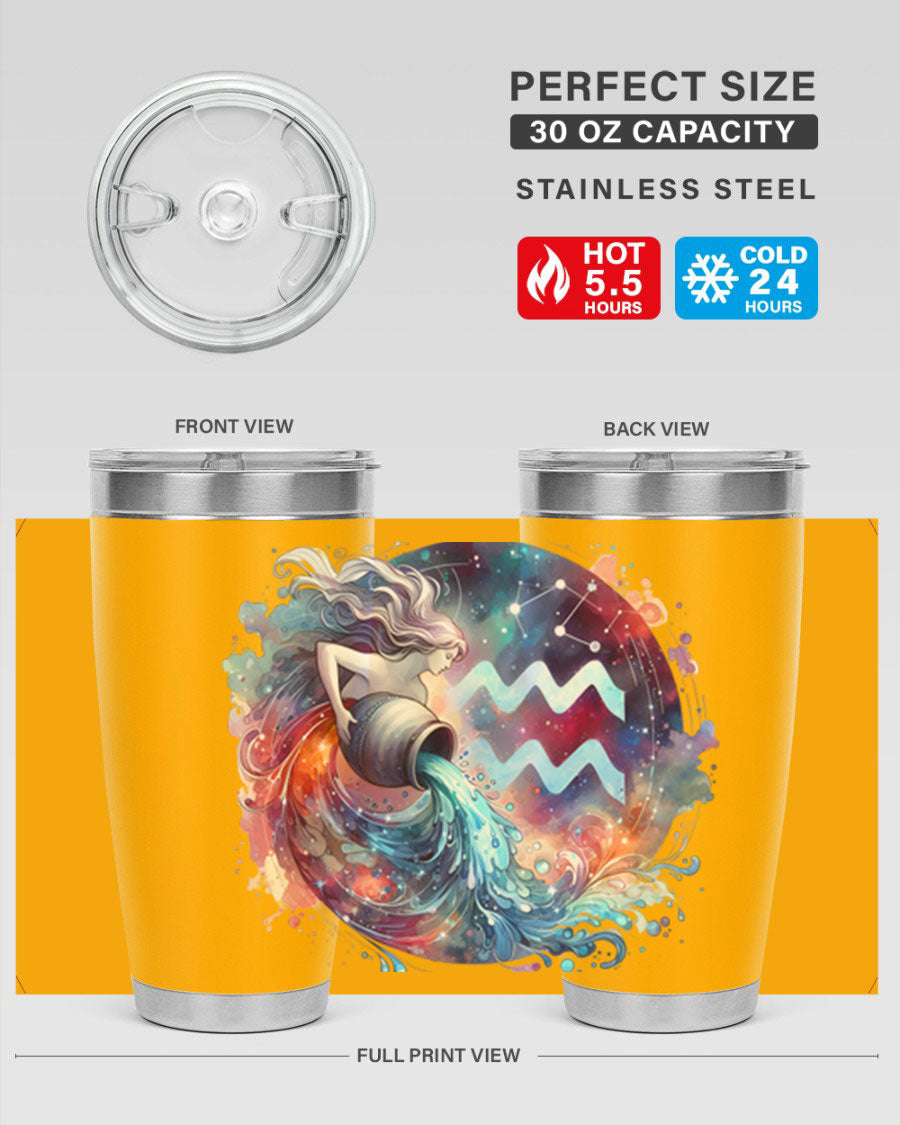 Aquarius 90# Zodiac Tumbler in stainless steel with a sleek design, showcasing its double wall vacuum insulation and drink-thru lid.