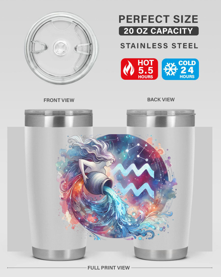 Aquarius 90# Zodiac Tumbler in stainless steel with a sleek design, showcasing its double wall vacuum insulation and drink-thru lid.