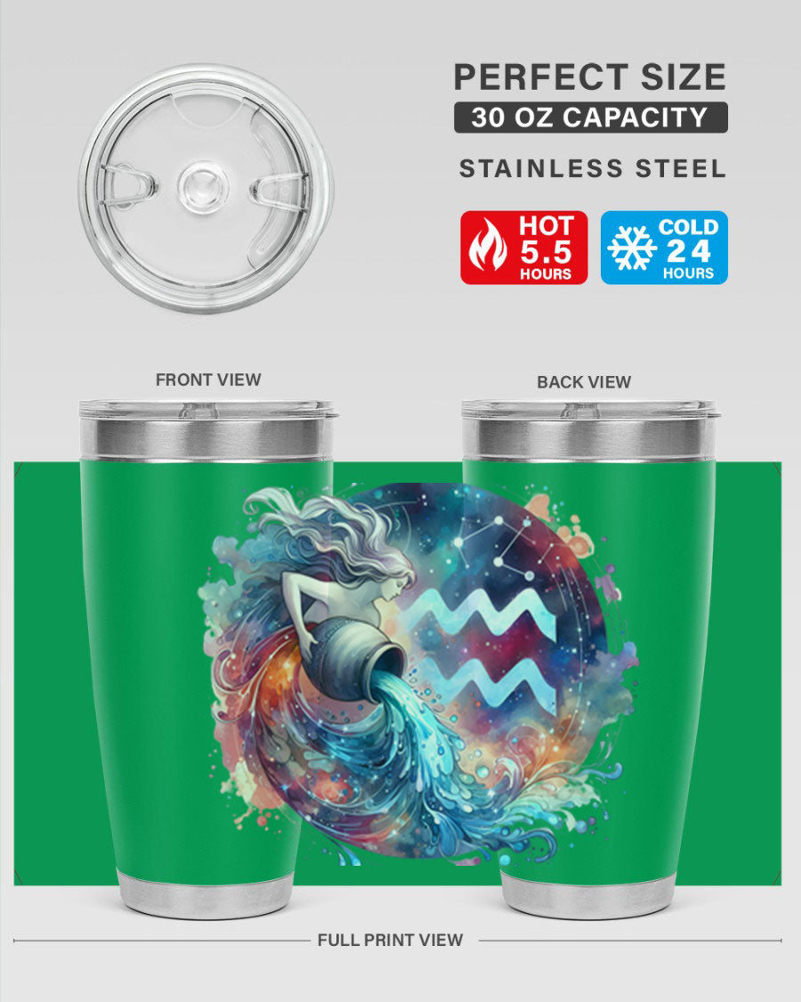 Aquarius 90# Zodiac Tumbler in stainless steel with a sleek design, showcasing its double wall vacuum insulation and drink-thru lid.