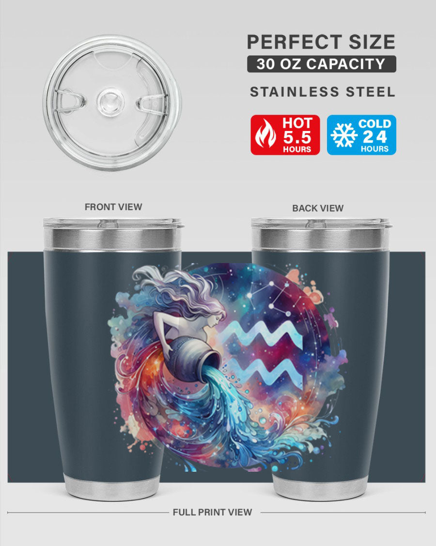Aquarius 90# Zodiac Tumbler in stainless steel with a sleek design, showcasing its double wall vacuum insulation and drink-thru lid.
