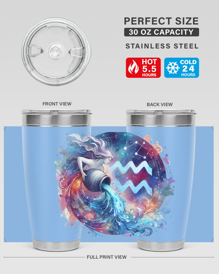 Aquarius 90# Zodiac Tumbler in stainless steel with a sleek design, showcasing its double wall vacuum insulation and drink-thru lid.