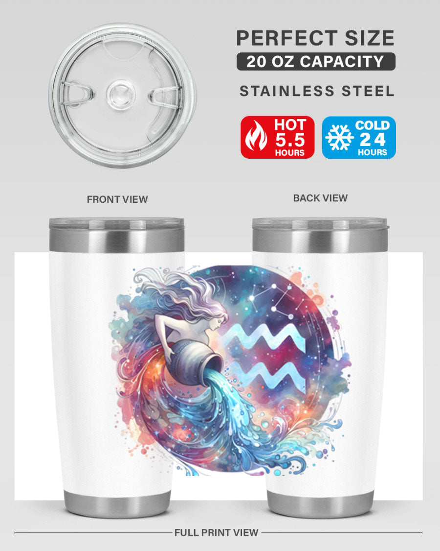 Aquarius 90# Zodiac Tumbler in stainless steel with a sleek design, showcasing its double wall vacuum insulation and drink-thru lid.