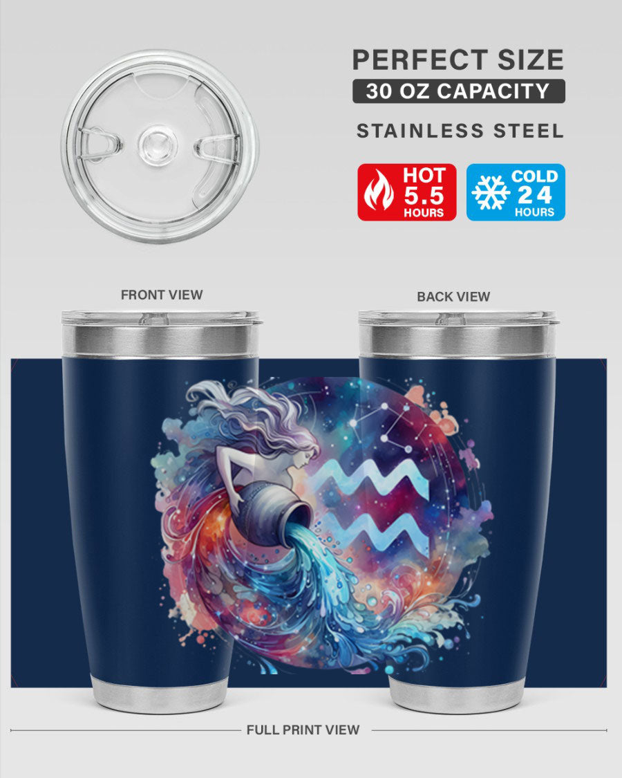Aquarius 90# Zodiac Tumbler in stainless steel with a sleek design, showcasing its double wall vacuum insulation and drink-thru lid.