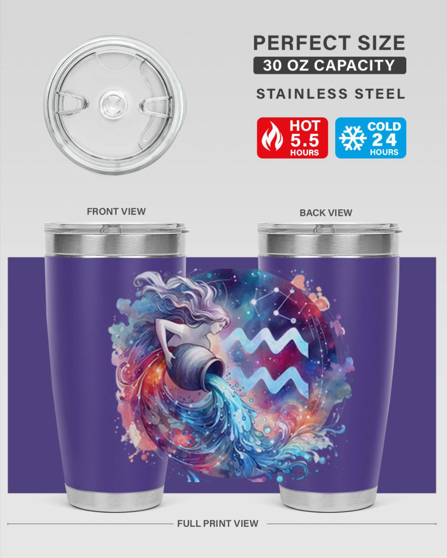 Aquarius 90# Zodiac Tumbler in stainless steel with a sleek design, showcasing its double wall vacuum insulation and drink-thru lid.