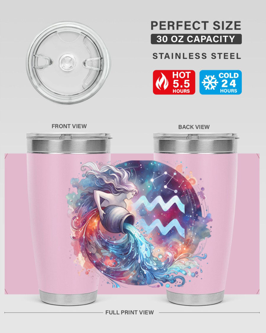 Aquarius 90# Zodiac Tumbler in stainless steel with a sleek design, showcasing its double wall vacuum insulation and drink-thru lid.