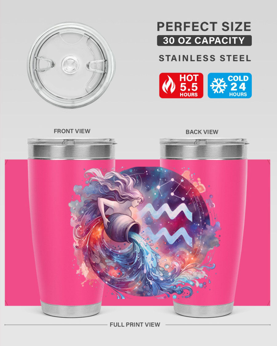 Aquarius 90# Zodiac Tumbler in stainless steel with a sleek design, showcasing its double wall vacuum insulation and drink-thru lid.