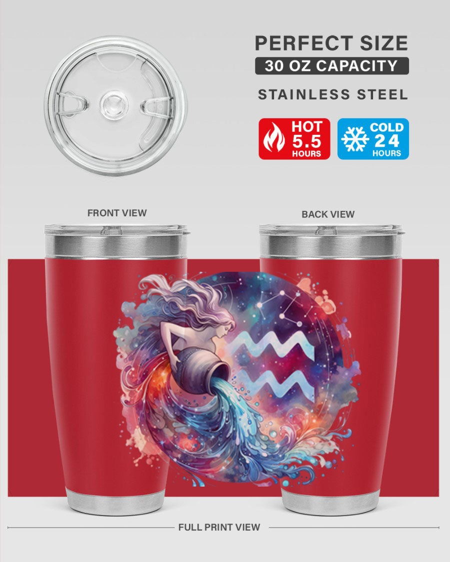 Aquarius 90# Zodiac Tumbler in stainless steel with a sleek design, showcasing its double wall vacuum insulation and drink-thru lid.