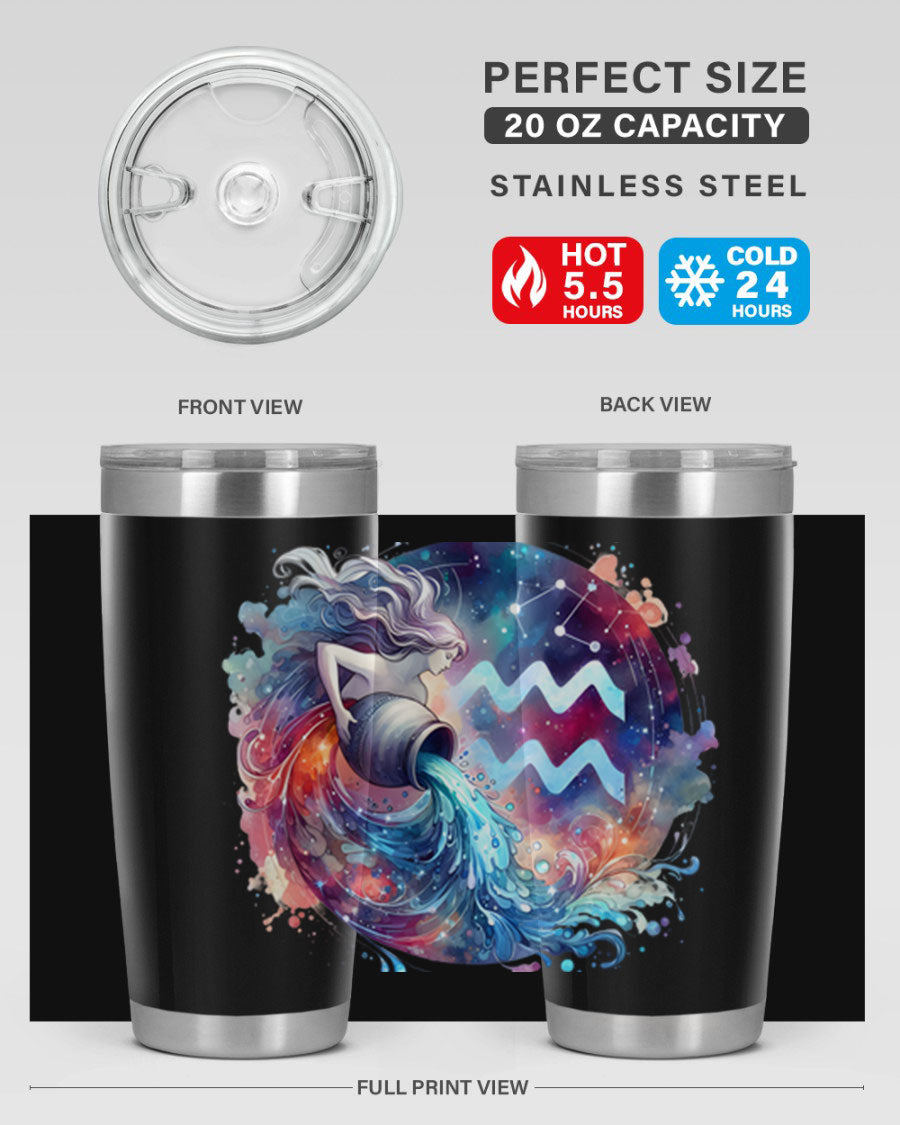 Aquarius 90# Zodiac Tumbler in stainless steel with a sleek design, showcasing its double wall vacuum insulation and drink-thru lid.