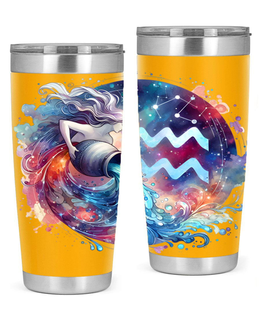 Aquarius 90# Zodiac Tumbler in stainless steel with a sleek design, showcasing its double wall vacuum insulation and drink-thru lid.