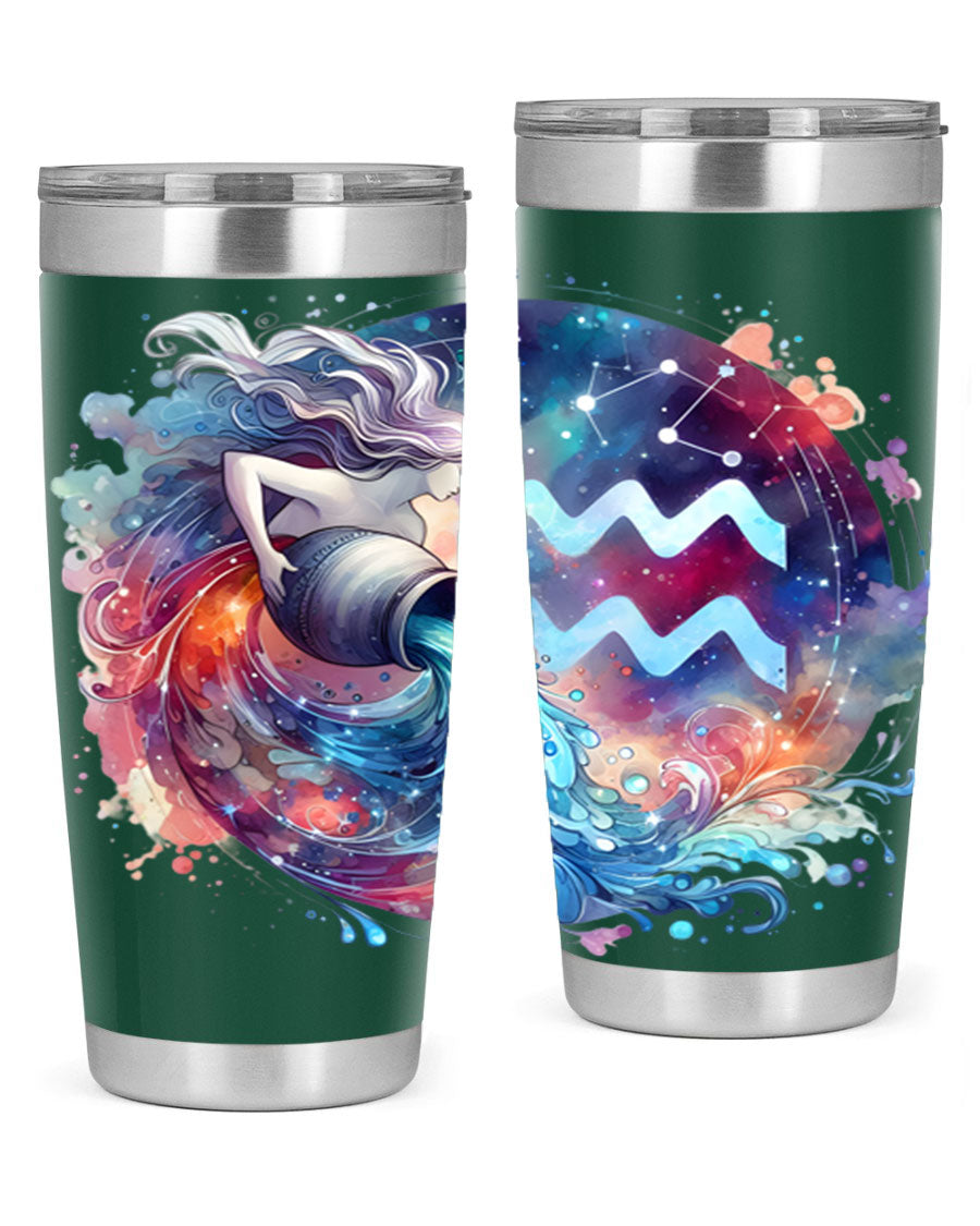 Aquarius 90# Zodiac Tumbler in stainless steel with a sleek design, showcasing its double wall vacuum insulation and drink-thru lid.